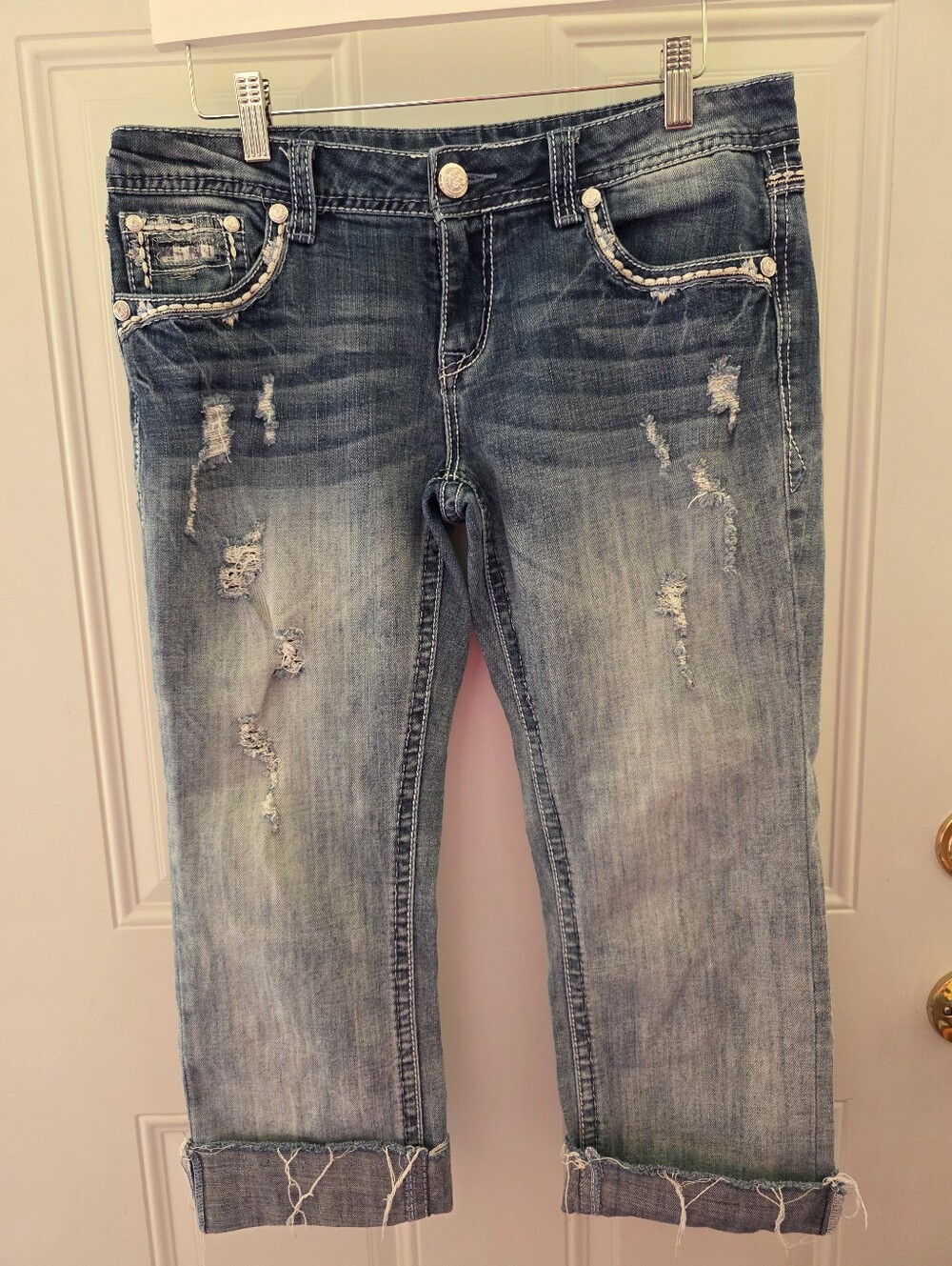 Grace In LA Light Blue Distressed Boyfriend Cropped Jeans